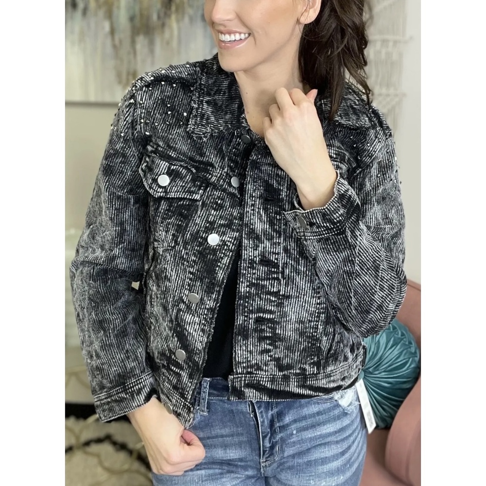 POL Black Vintage Washed Studded Corduroy Jacket - Picture 1 of 8